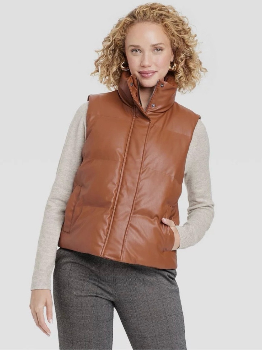 A New Day Brown Faux Leather Puffer Vest. Women’s Size Large